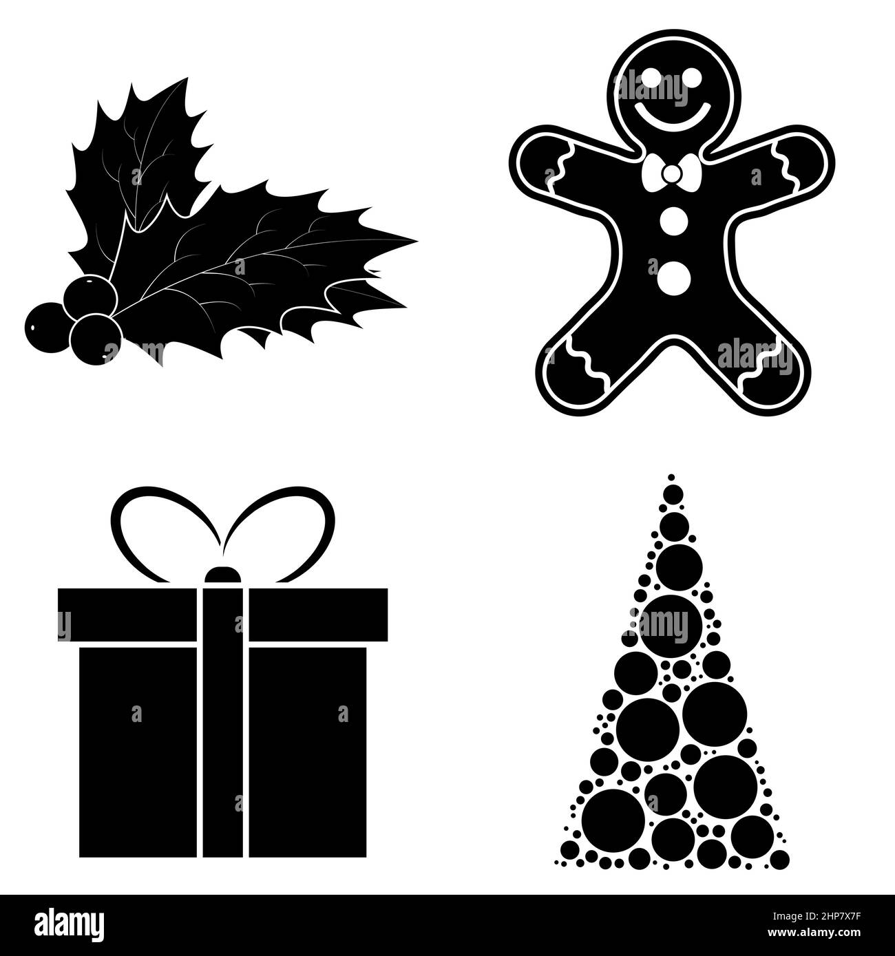 Set di icone silhouette natalizie. Collezione di simbolo nero delle vacanze di dicembre. Illustrazione in bianco e nero isolata su sfondo bianco. Illustrazione Vettoriale
