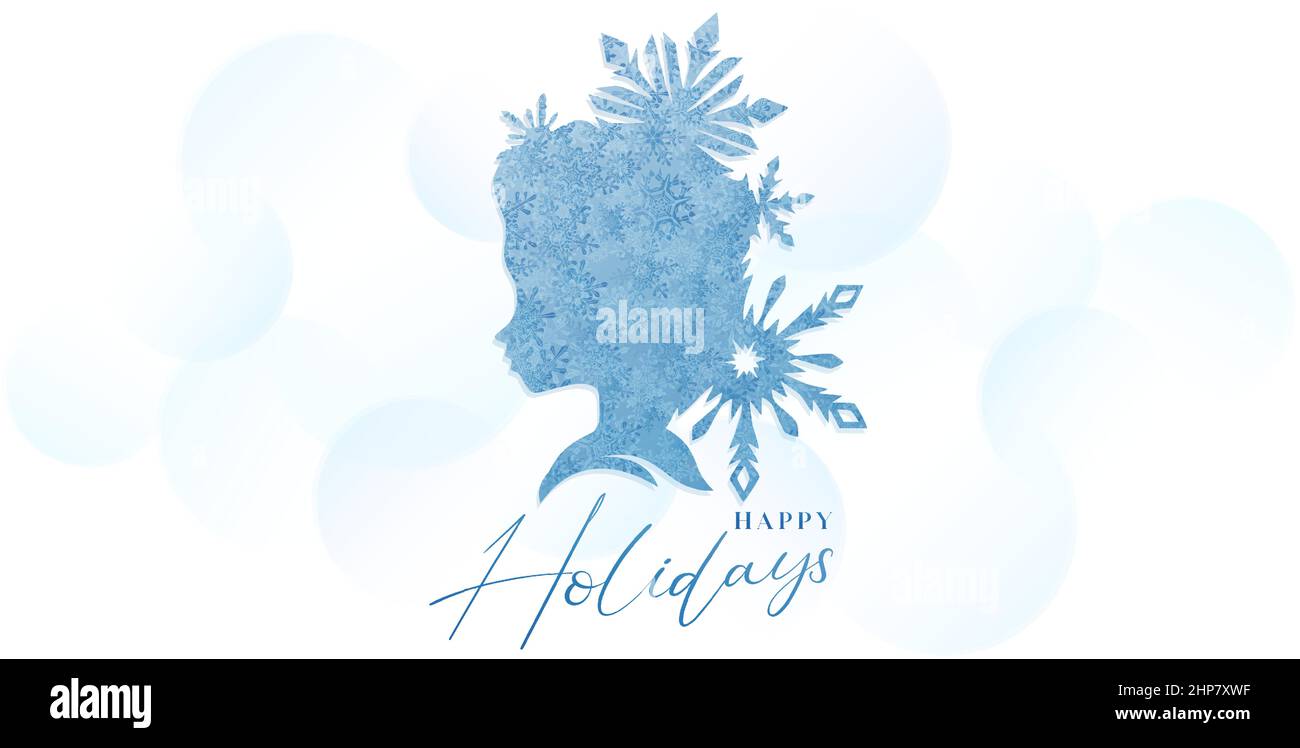illustrazione di silhouette ragazza o principessa con ornamento fiocco di neve disegno, sfondo astratto felice vacanze carattere lettera applicabile per biglietto d'auguri, compleanno invito, banner, poster inverno. Illustrazione Vettoriale