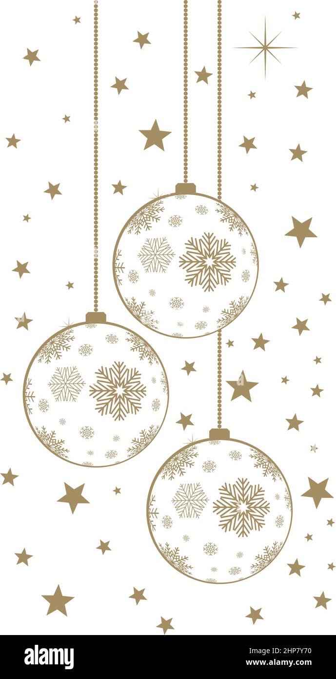 Palla di Natale o vettore bauble con fiocchi di neve in oro. Staffa con catena. Illustrazione Vettoriale