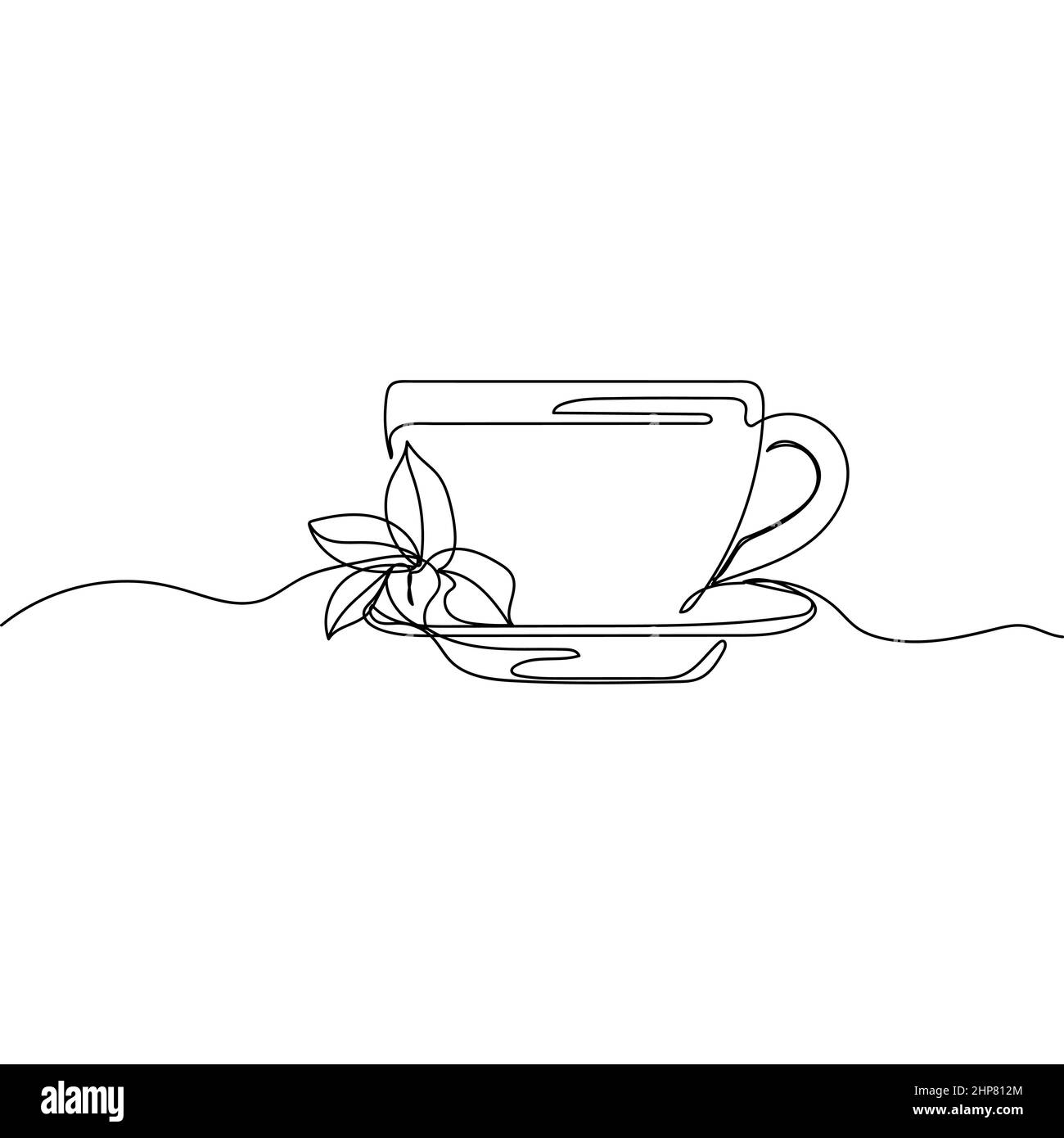 Vector Continuous un'unica linea che disegna l'icona di una tazza di tè caldo aromatico con la menta in silhouette su sfondo bianco. Stilizzato lineare. Illustrazione Vettoriale