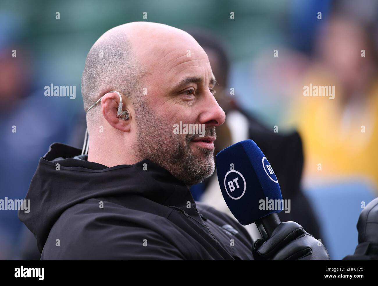 Bath, Regno Unito. 19th Feb 2022. 19th febbraio 2022 ; The Recreation Ground, Bath, Somerset, Inghilterra; Gallagher Premiership Rugby, Bath Versus Leicester; David Flatley dimostra il commento della partita Credit: Action Plus Sports Images/Alamy Live News Foto Stock
