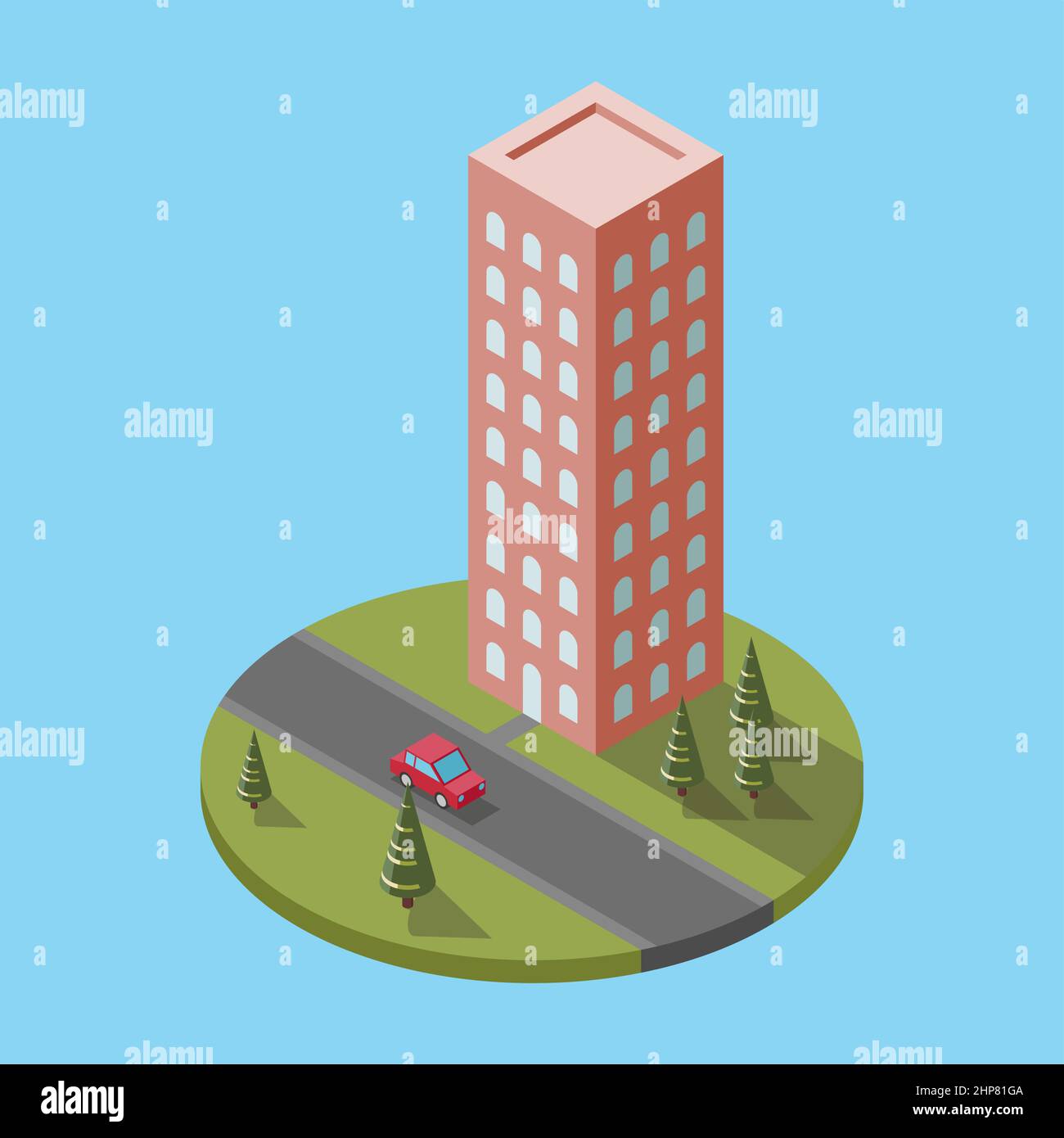 Illustrazione vettoriale del grattacielo isometrico isolato su sfondo blu. Edificio di appartamenti, bloque di appartamenti simbolo vettoriale. Illustrazione Vettoriale