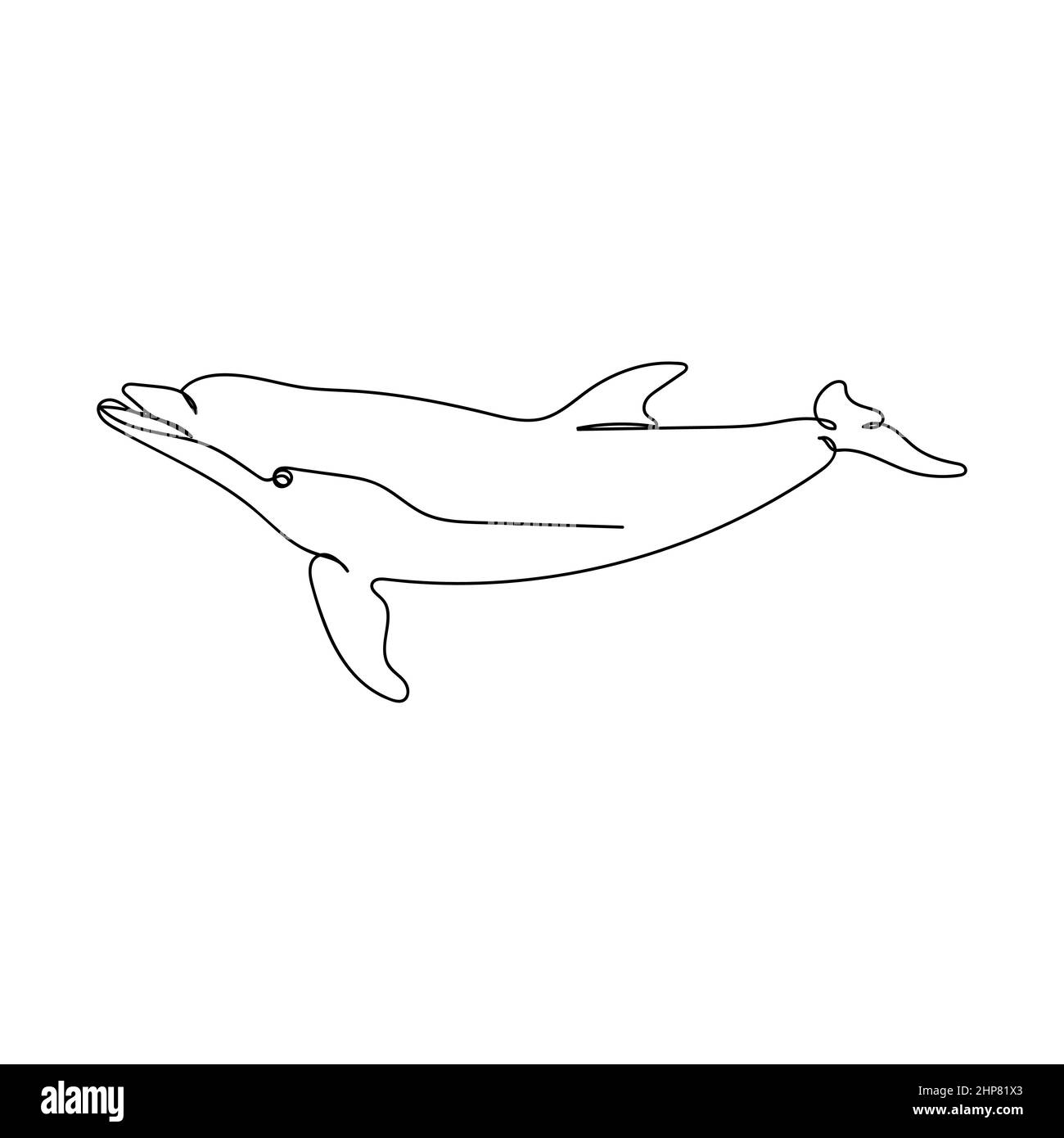 Vettore continuo un'icona di disegno a linea singola del delfino in silhouette su sfondo bianco. Illustrazione Vettoriale