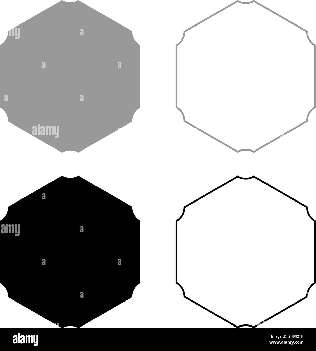 Esagono con angoli arrotondati Imposta icona grigio nero immagine vettoriale stile piatto pieno contorno linea sottile Illustrazione Vettoriale