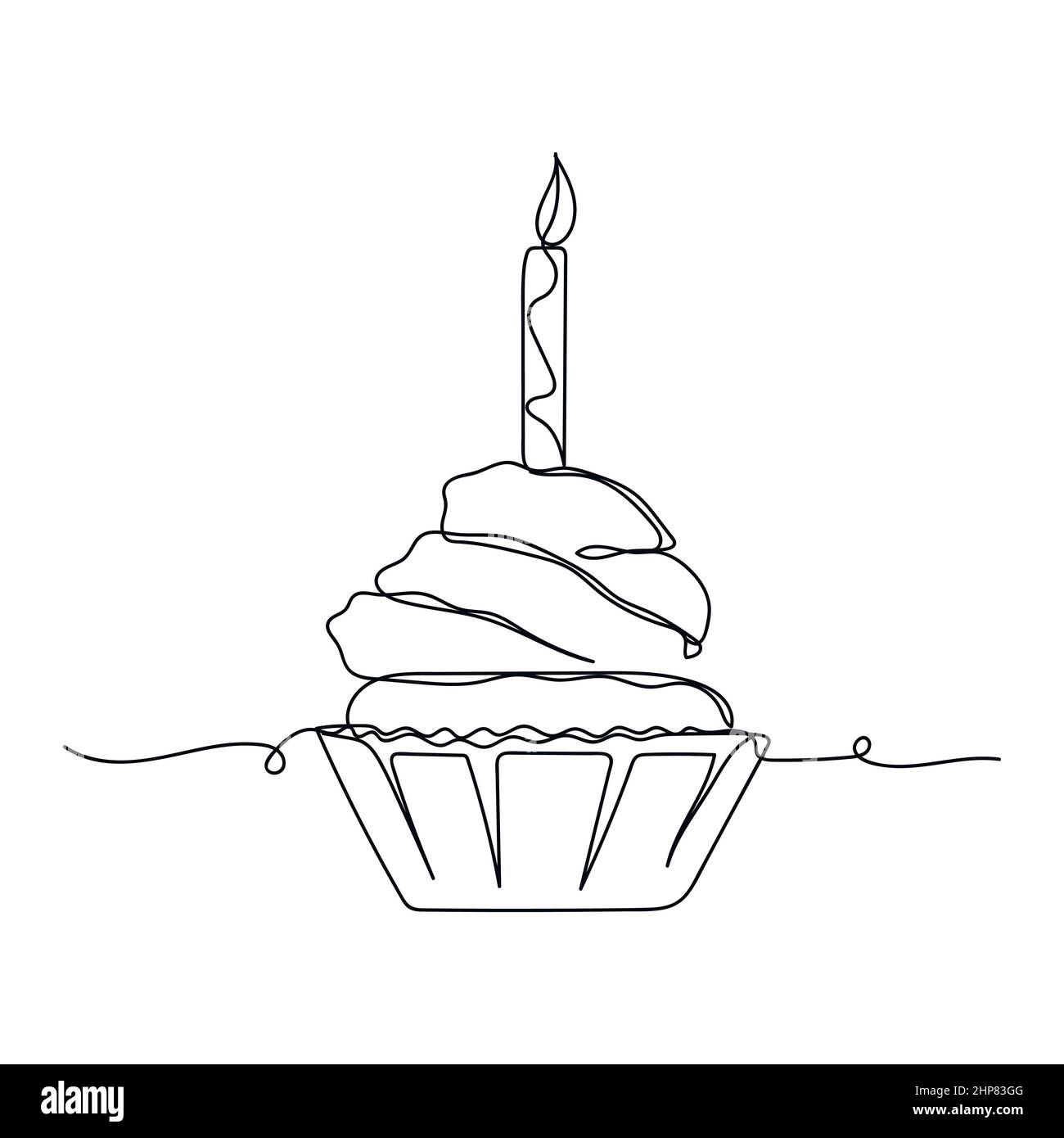 Vettoriale astratto continuo una singola semplice icona di disegno linea di compleanno cupcake con candela in fiamme in schizzo di silhouette. Illustrazione Vettoriale
