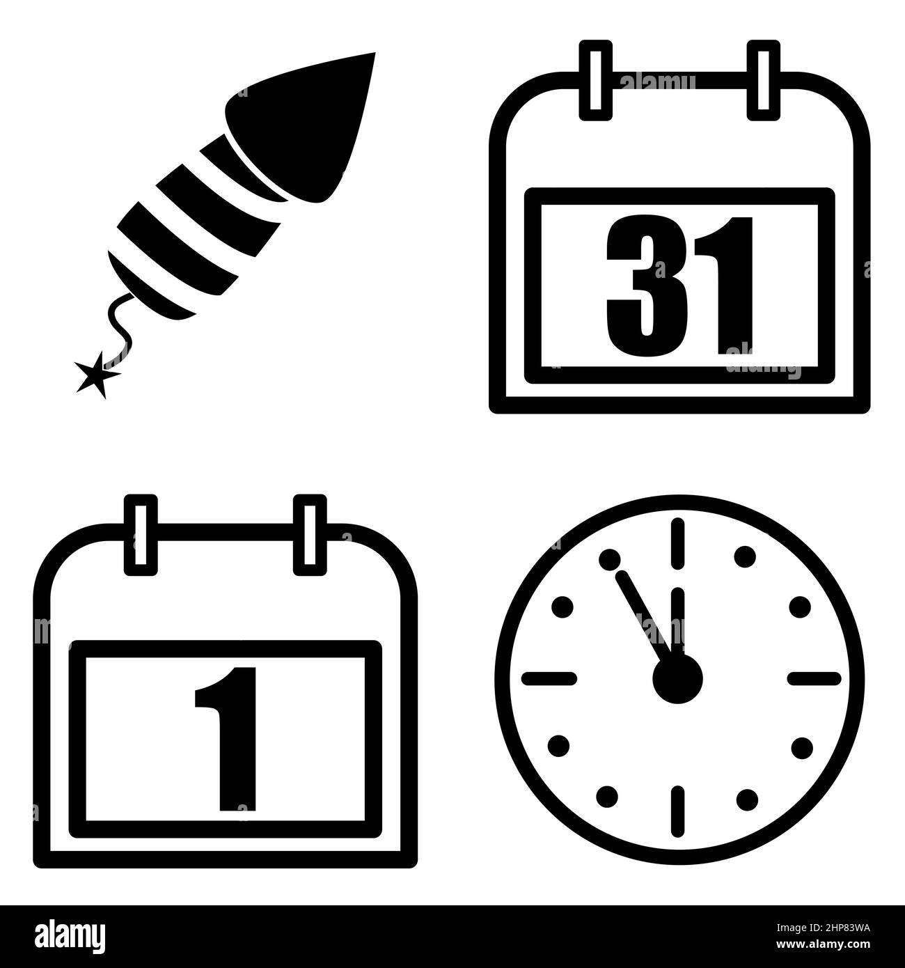 set di icone per il nuovo anno. Collezione di simboli di contorno e silhouette. Illustrazione Vettoriale