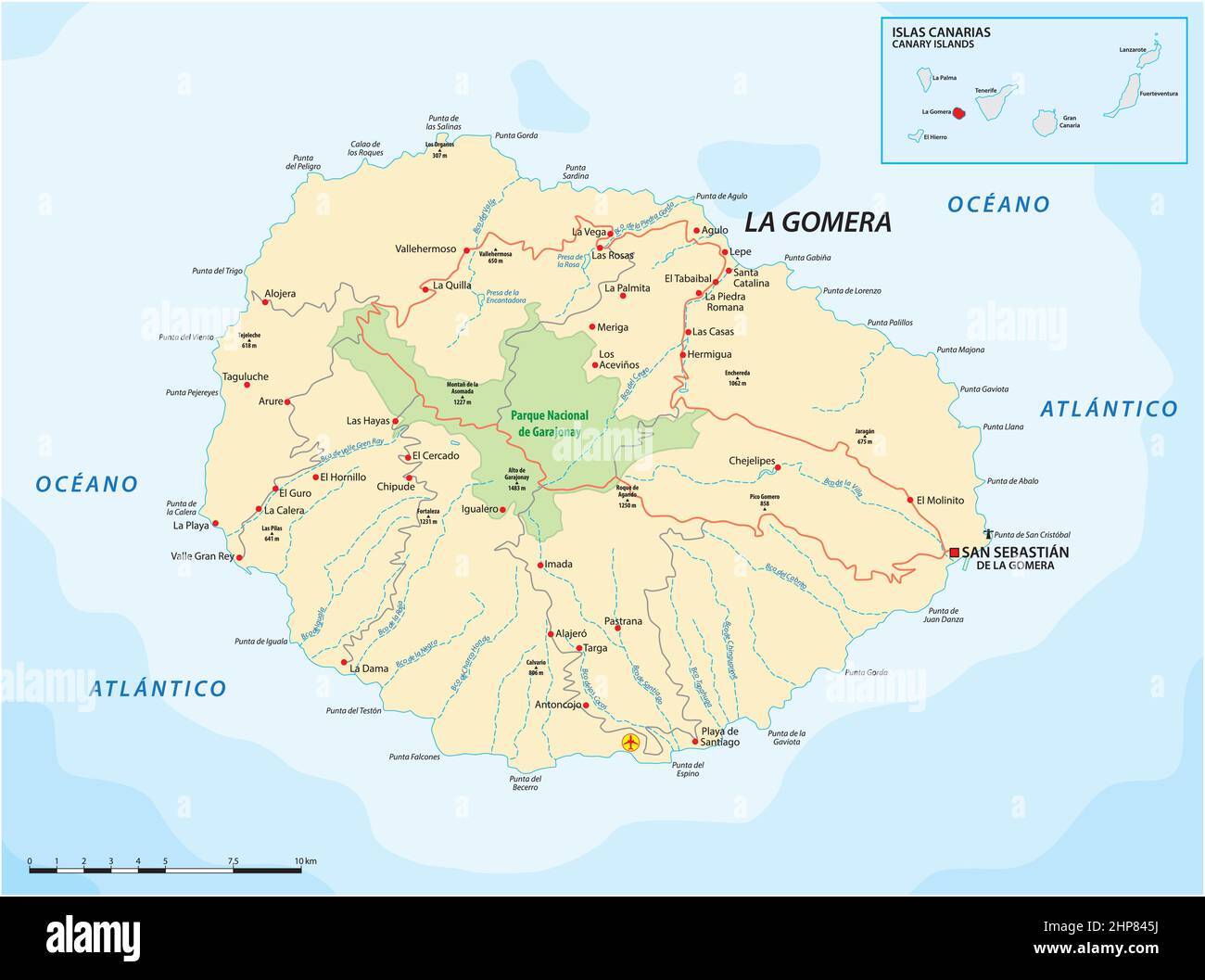 Vettore mappa stradale di isola delle Canarie La Gomera Illustrazione Vettoriale