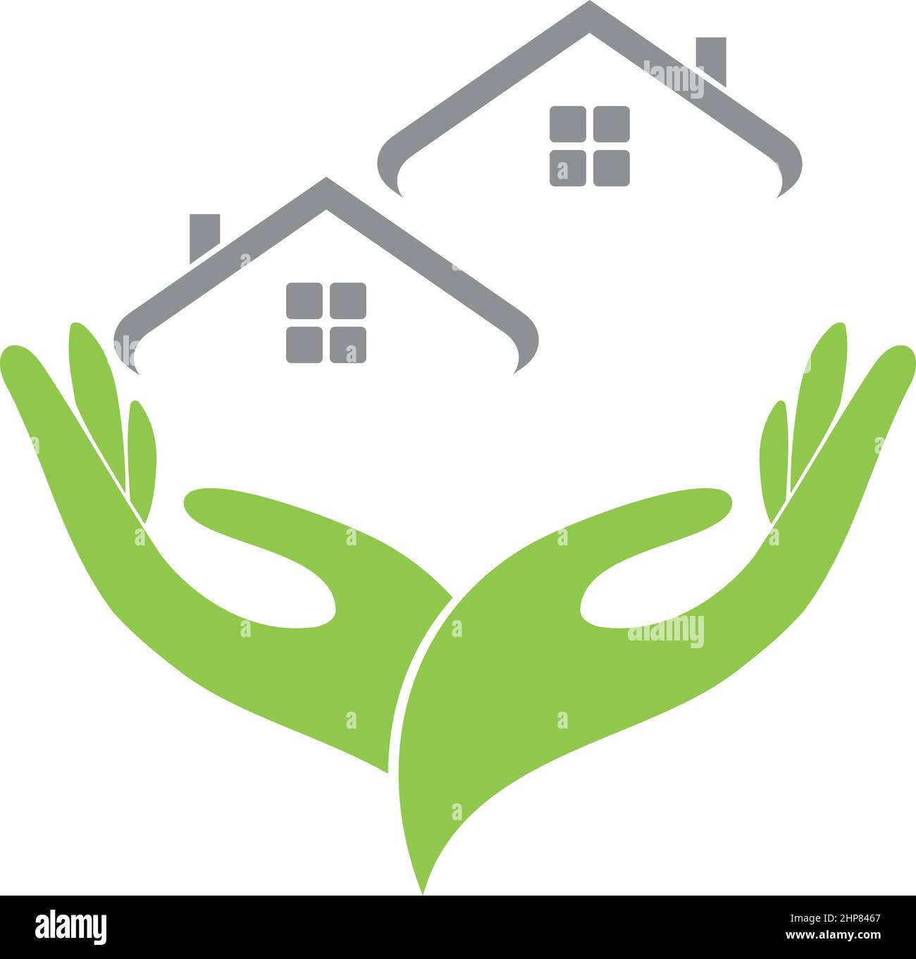 Due mani, case, tetti, immobiliare, tetto, logo, sfondo Illustrazione Vettoriale