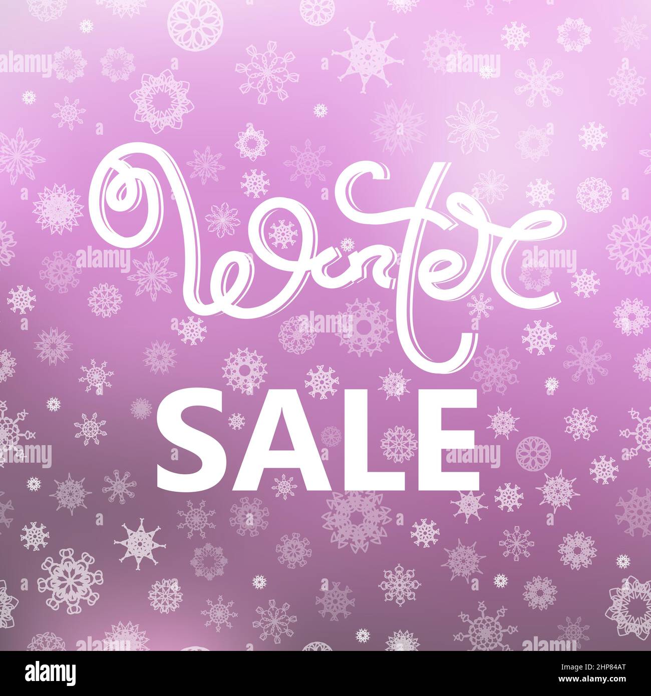 Poster tipografico vendita invernale. Frase disegnata a mano. Scritta su sfondo rosa del cielo di Snowflake. Illustrazione Vettoriale