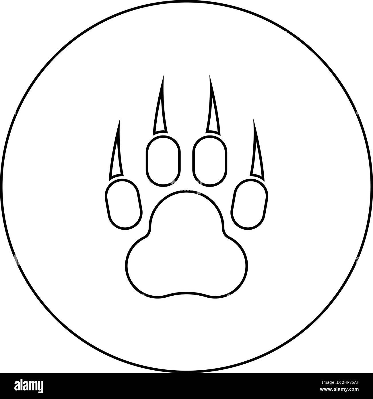 Stampa zampa animale con l'icona piede artigli in cerchio rotondo colore nero illustrazione vettoriale immagine contorno linea sottile stile Illustrazione Vettoriale