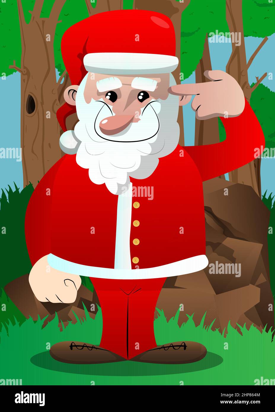 Babbo Natale nei suoi vestiti rossi con barba bianca mettendo una pistola immaginaria alla sua testa. Illustrazione Vettoriale
