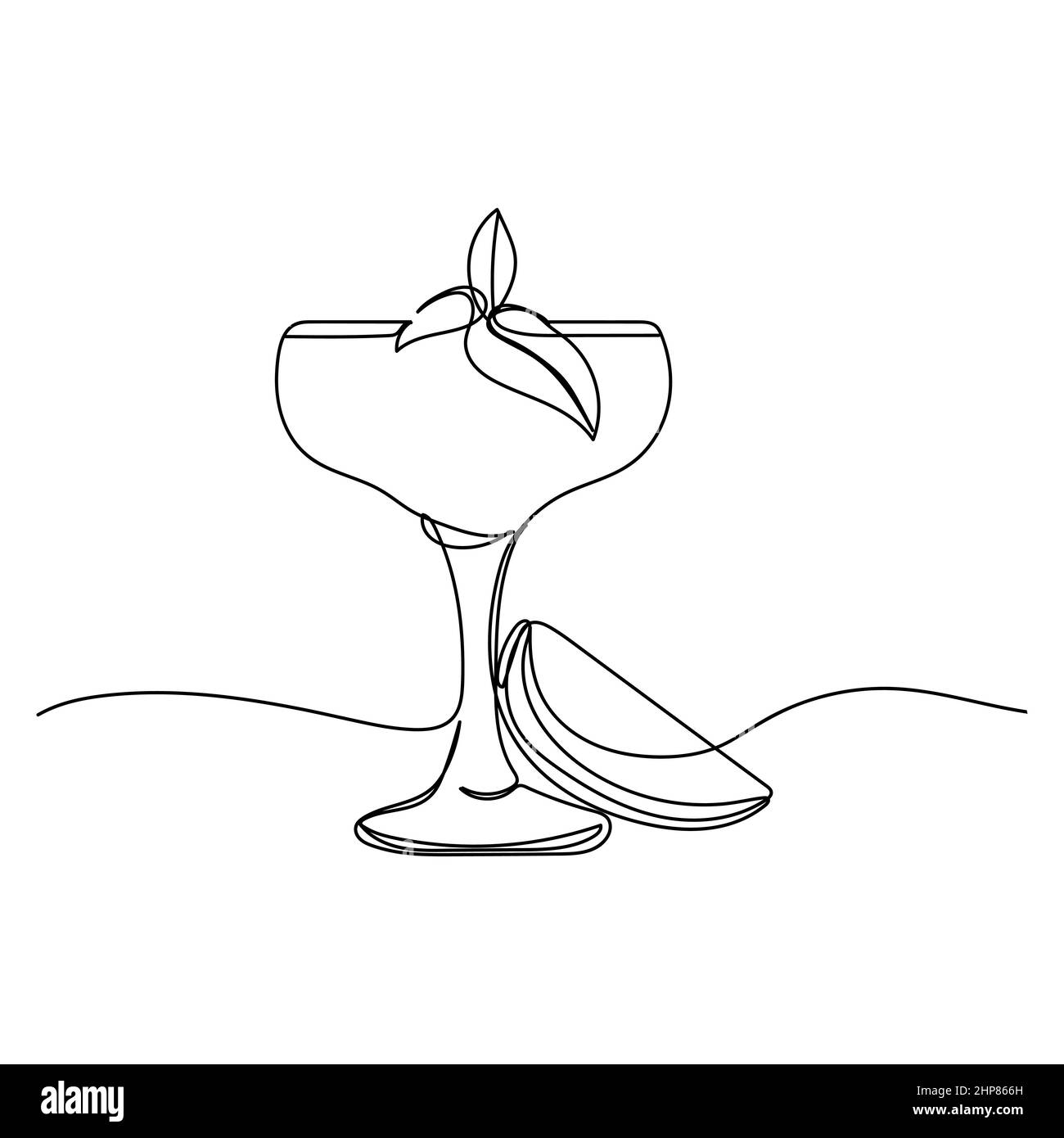 Vector Continuous un'icona disegnante linea singola di bicchiere di cocktail margarita con frutta d'arancia in silhouette su sfondo bianco. Stilizzato lineare. Illustrazione Vettoriale