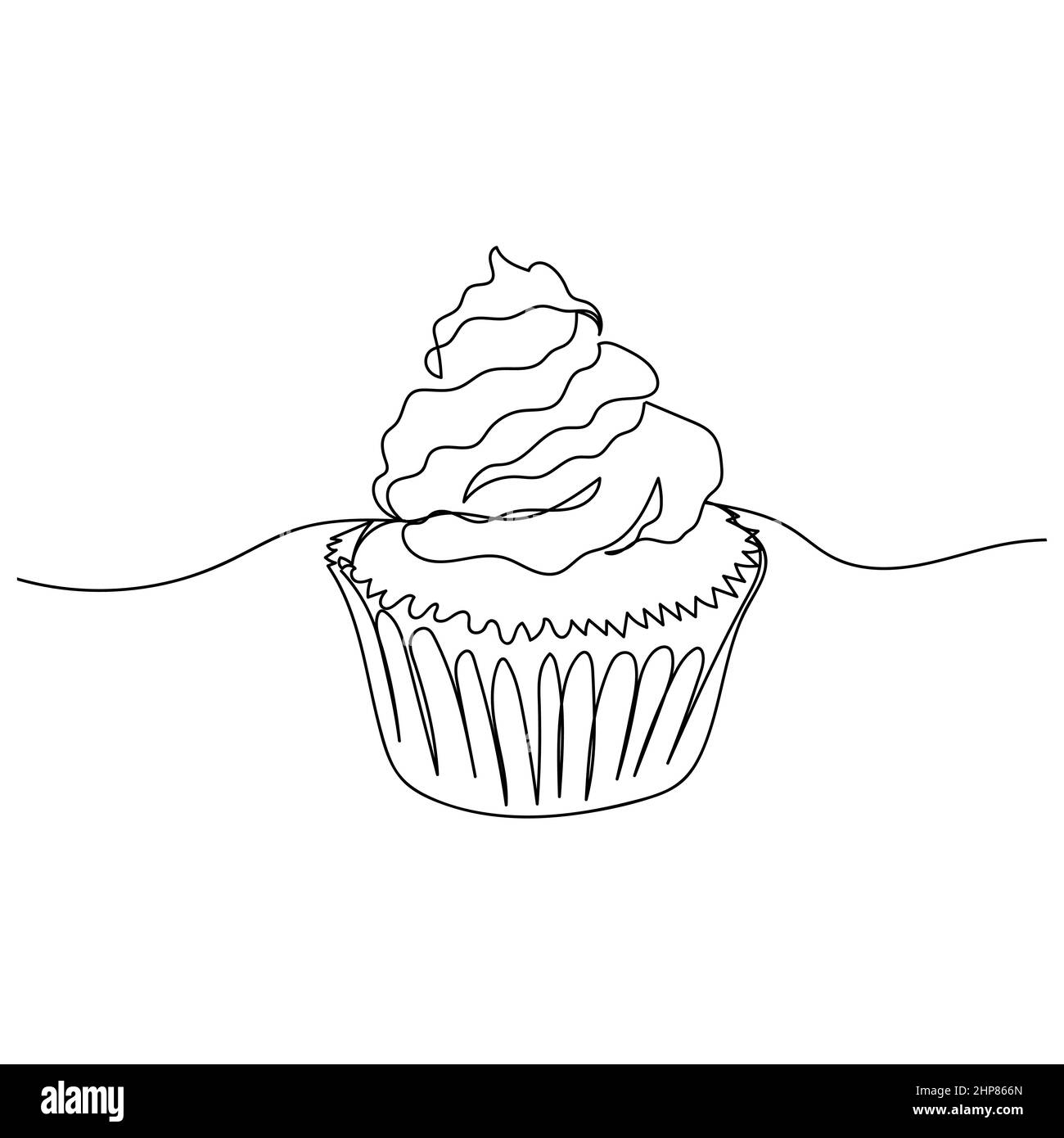 Vector Continuous un'icona di disegno a linea singola di cupcake con una silhouette cremosa su sfondo bianco. Stilizzato lineare. Illustrazione Vettoriale