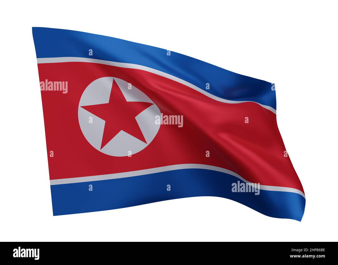 3D bandiera di illustrazione della Corea del Nord. Bandiera nordcoreana ad alta risoluzione isolata su sfondo bianco. 3d rendering Foto Stock
