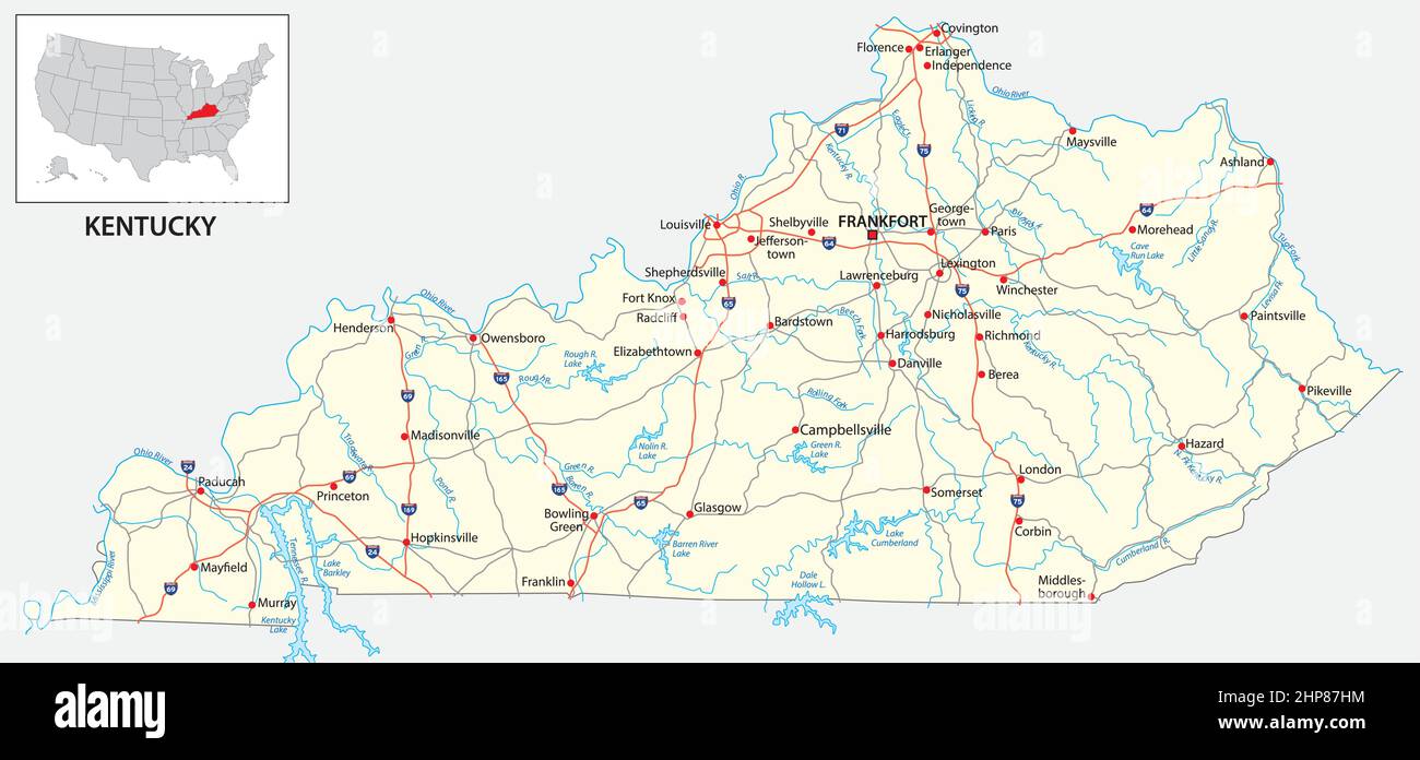 Cartina stradale dello stato americano del Kentucky Illustrazione Vettoriale