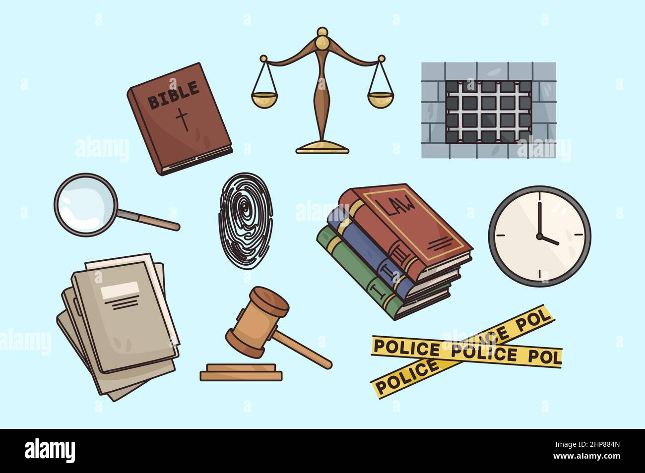 Collezione di icone di ordine e legge per la giustizia Illustrazione Vettoriale