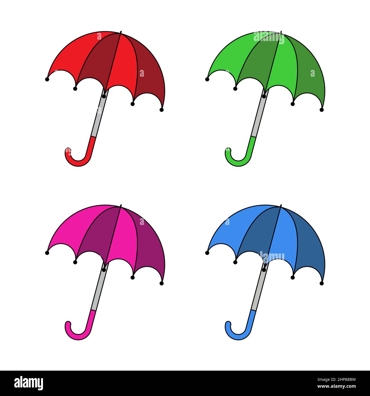 Set di icone ombrello. Aprire la clip per ombrellone art. Illustrazione vettoriale isolata su sfondo bianco. Classico simbolo autunno protezione pioggia. Illustrazione Vettoriale