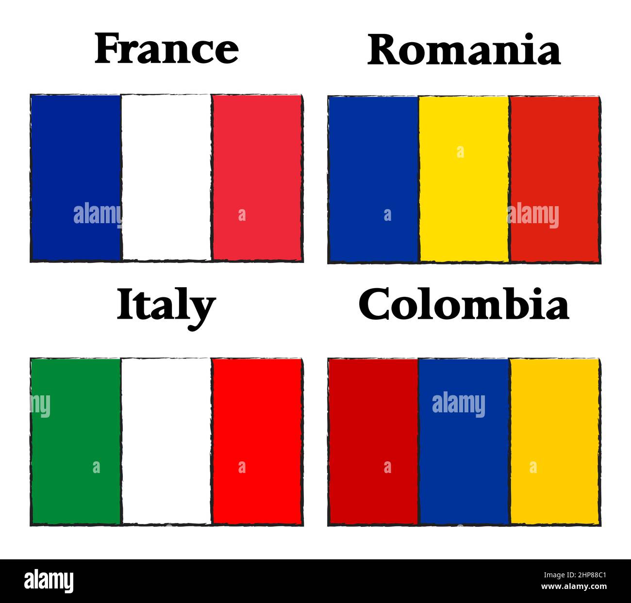 flag impostato. Francia Romania Italia Colombia. Bandiere isolate su bianco Illustrazione Vettoriale