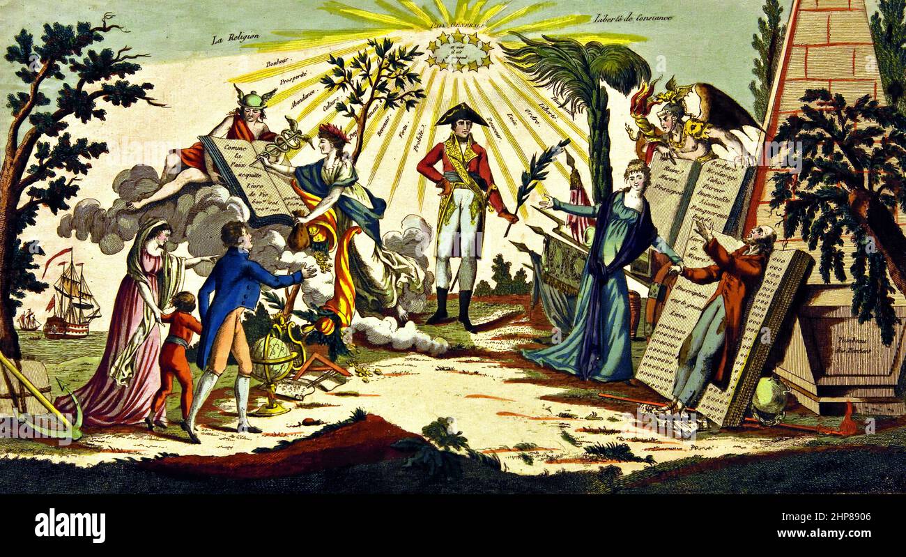 I benefici portati da Napoleone Italia, portatore italiano di vittorie progresso e ricchezza, i ( Napoleone, Napoleone Bonaparte, (1769-1821), Napoleone i, Imperatore francese, Francia. ) Napoleone conquistò la maggior parte dell'Italia nel nome della Rivoluzione Francese entro il 1799 Foto Stock