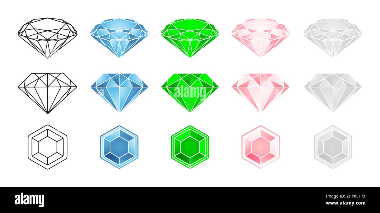 set di pietre diamantate con disegno vettoriale a tre modelli e quattro colori. applicabile per gioielleria, simbolo o icona gioiello. Illustrazione Vettoriale