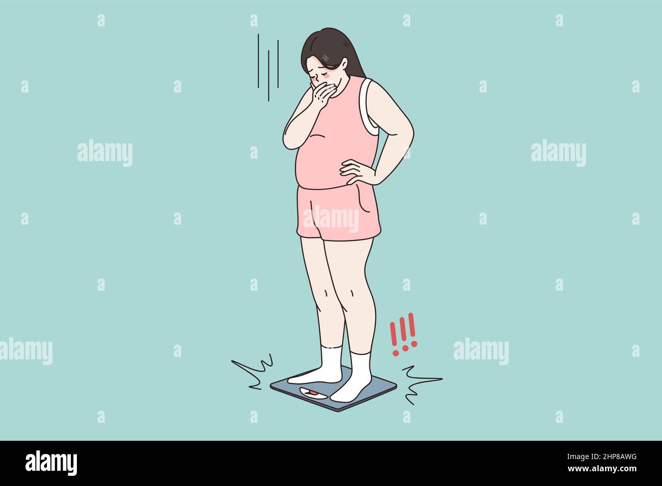 Donna infelice obesa scioccata dal peso sulle scale Illustrazione Vettoriale