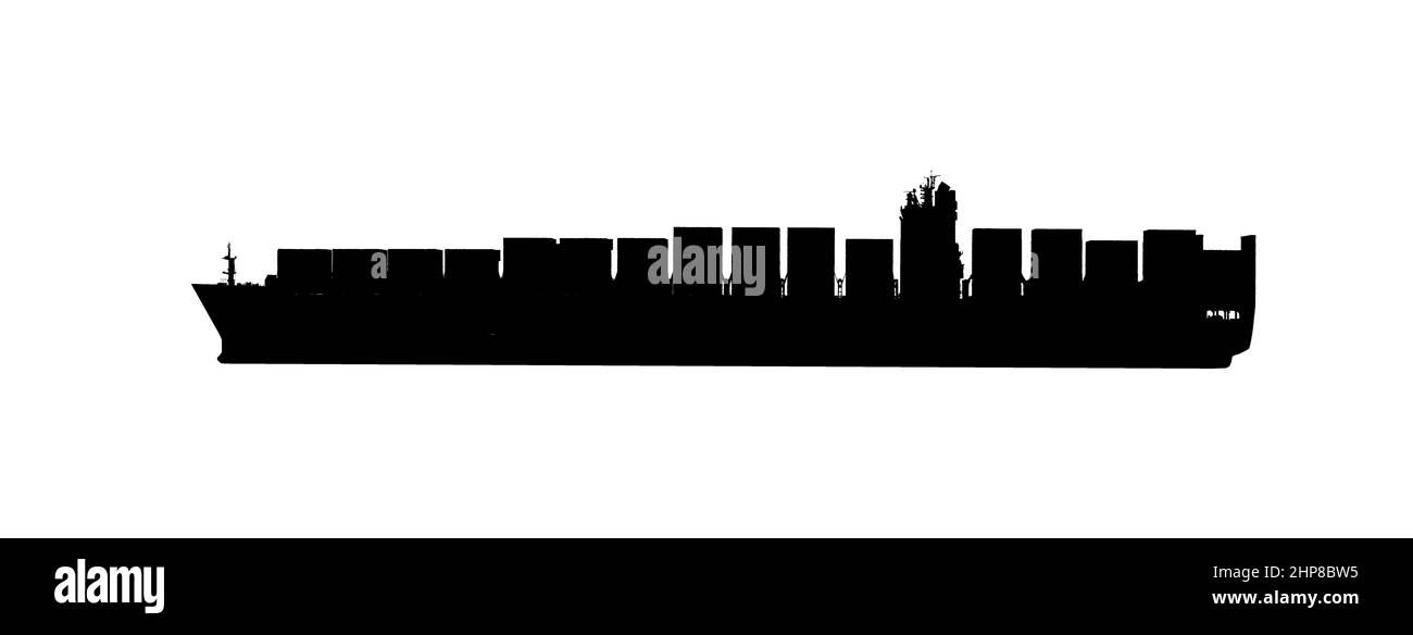 Silhouette della nave del contenitore. Nave da carico in mare. Bianco e nero. Logistica import ed export business Foto Stock