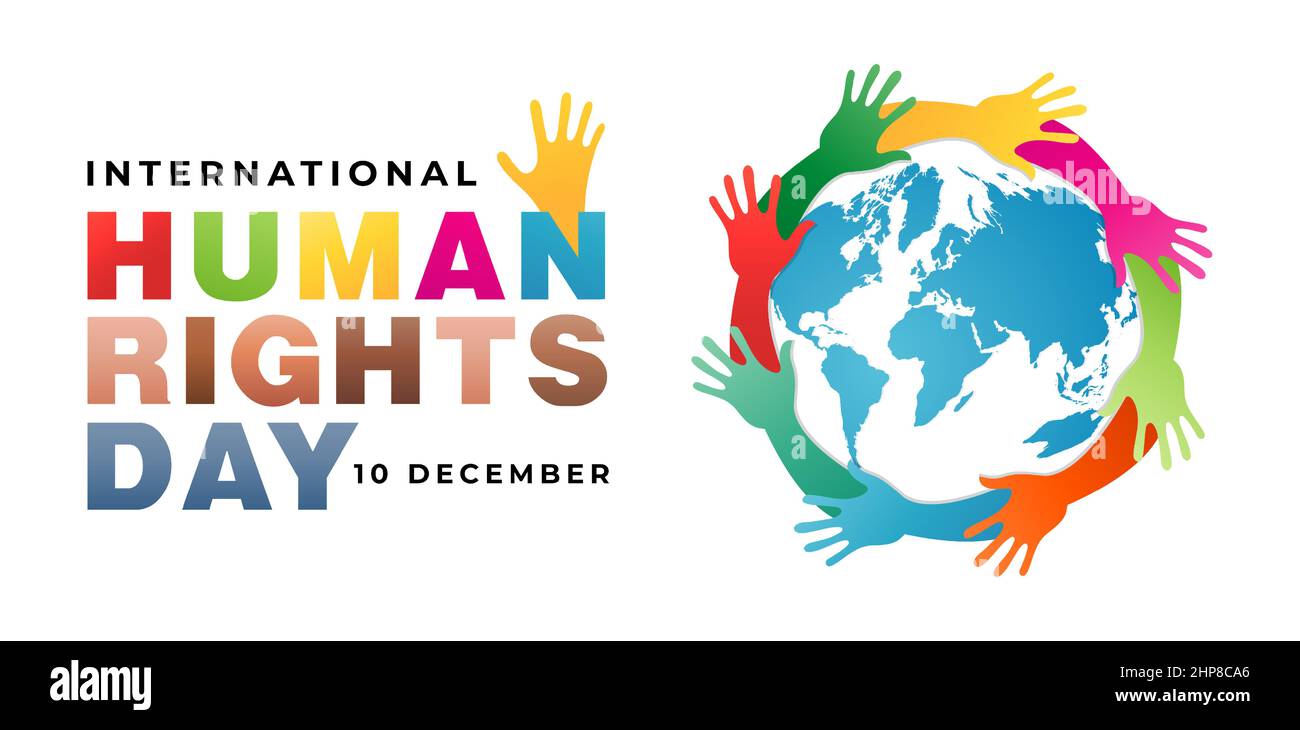 Illustrazione di International Human Rights Day awareness mesi disegno vettoriale, 10 dicembre illustrazione con globo e mani. Per poster, volantino, banner, e simbolo di umanità e vita Illustrazione Vettoriale