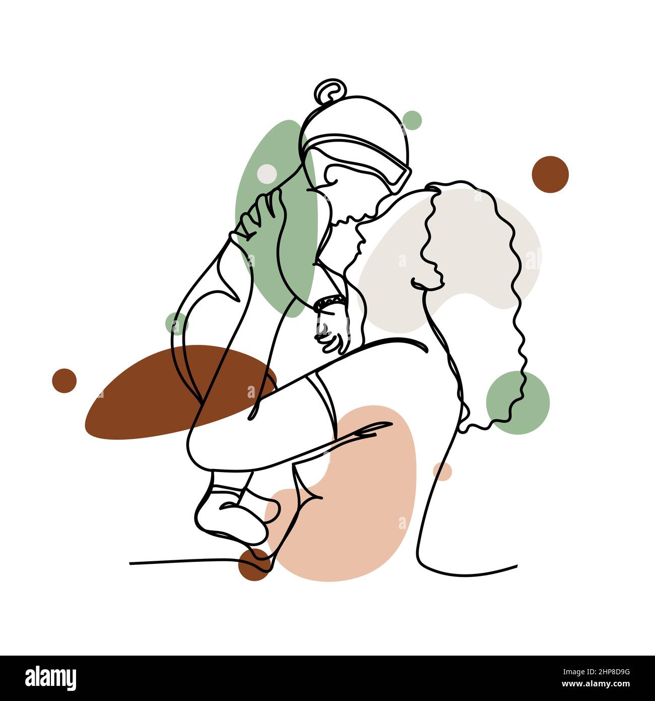 Vettoriale astratto continuo un'unica semplice icona di disegno linea di madre con adorabile bambino Happy Mother Day concetto in sketch silhouette. Perfetto per biglietti d'auguri Illustrazione Vettoriale