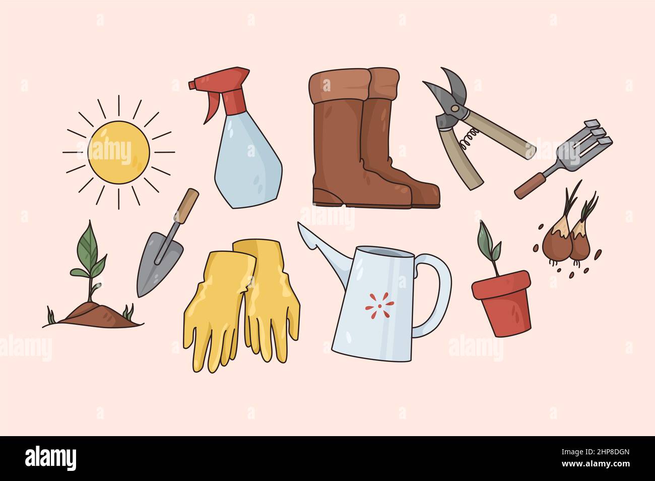 Set di colorati attrezzi da giardinaggio per lavori agricoli Illustrazione Vettoriale