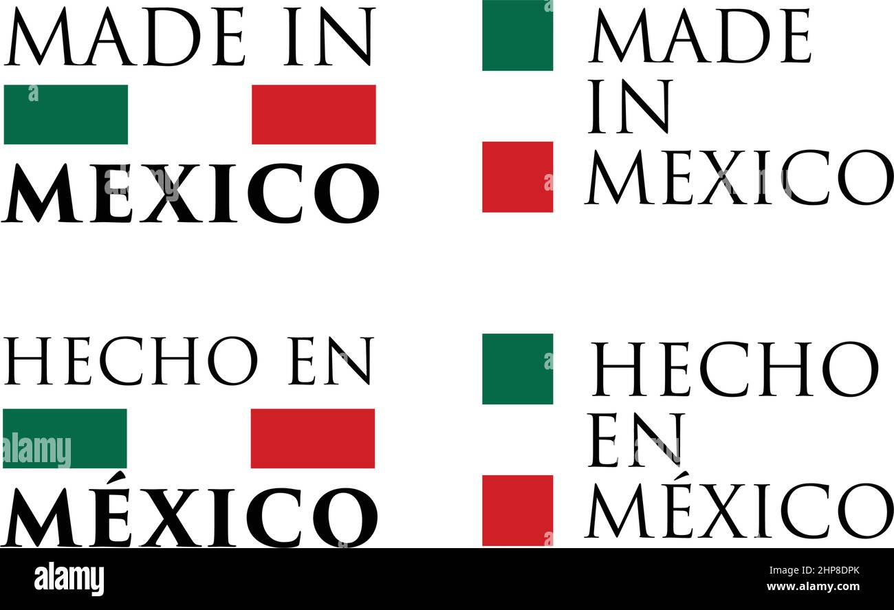 Semplice Realizzato in Messico (e traduzione in spagnolo) etichetta. Il testo con i colori nazionali disposti orizzontali e verticali. Illustrazione Vettoriale