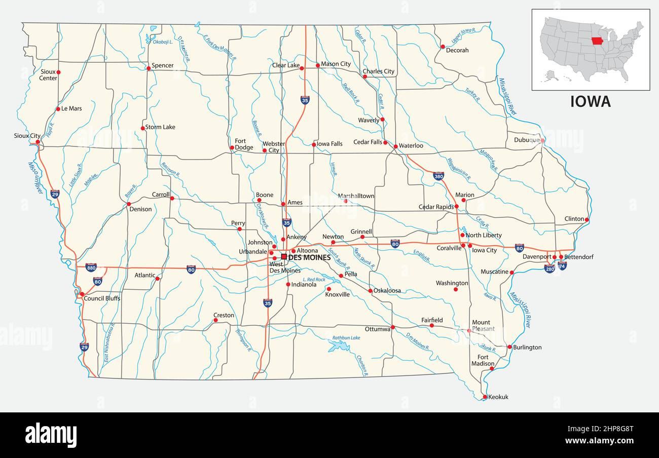 Mappa stradale dello stato americano dell'Iowa Illustrazione Vettoriale