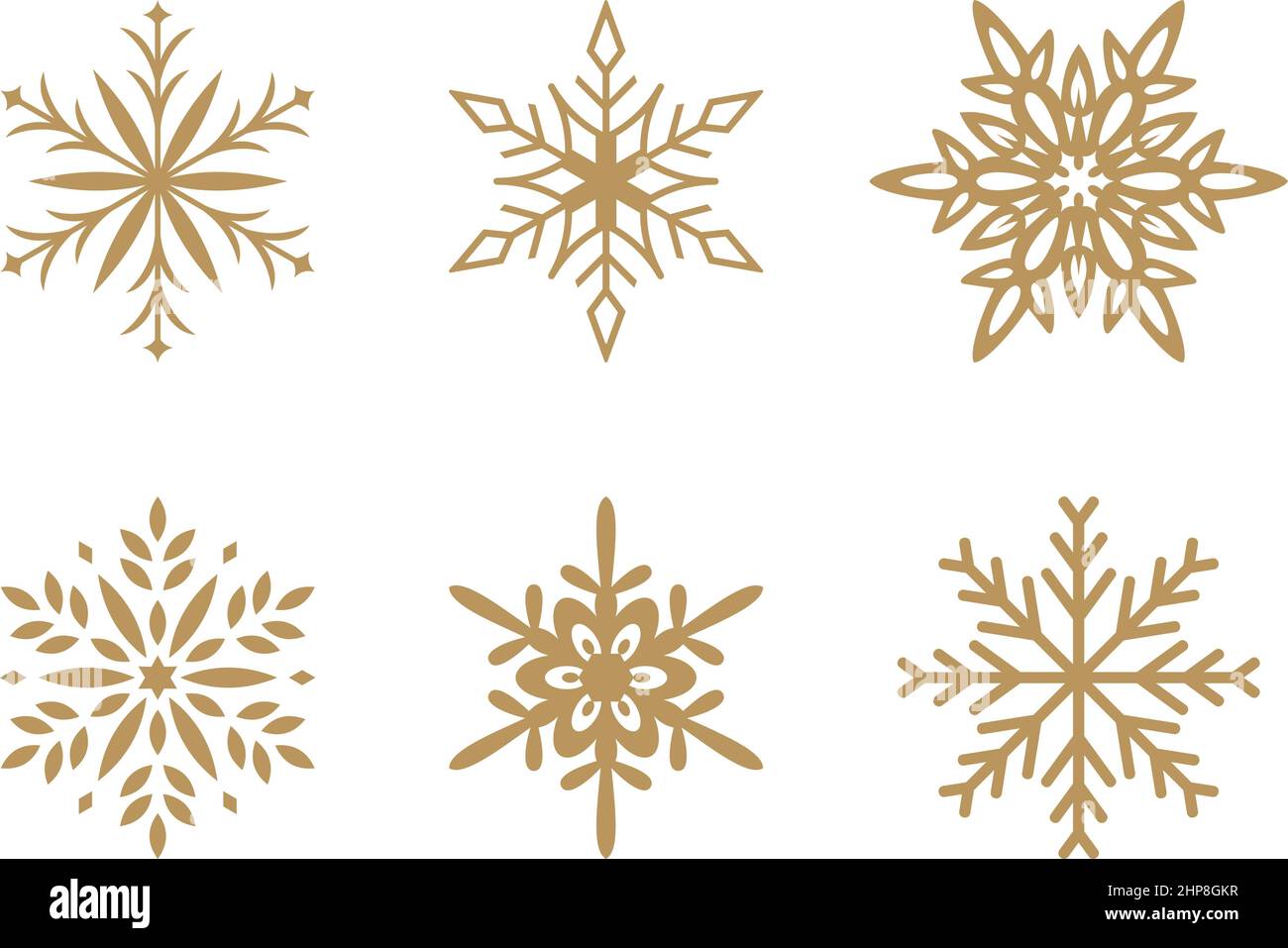 Oro frosty astratto simboli fiocco di neve su sfondo bianco. Illustrazione Vettoriale