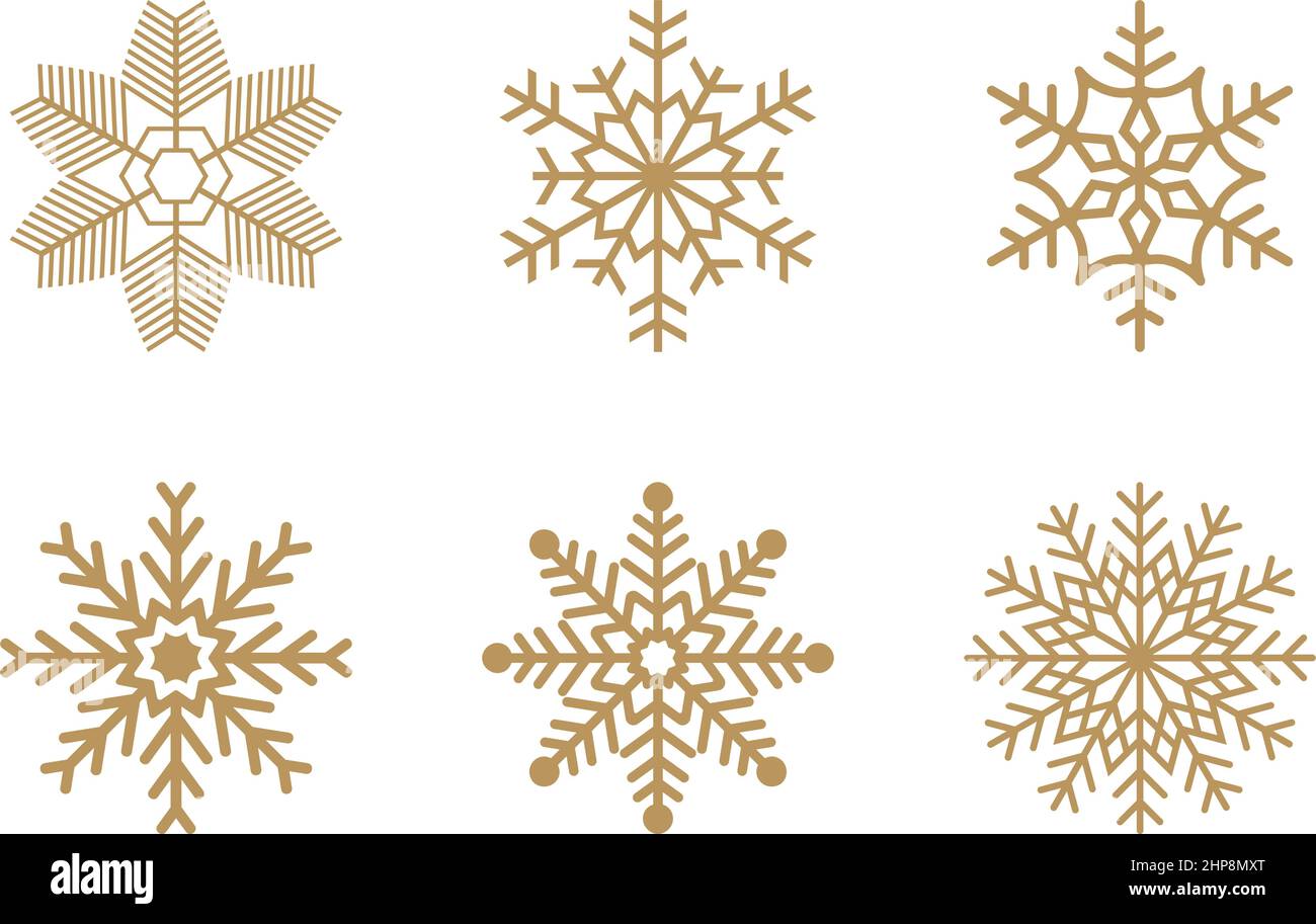 Oro frosty astratto simboli fiocco di neve su sfondo bianco. Illustrazione Vettoriale