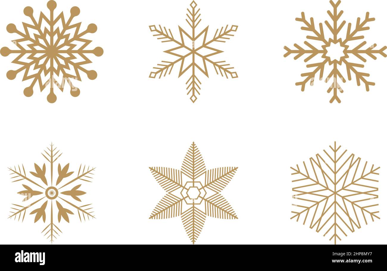 Oro frosty astratto simboli fiocco di neve su sfondo bianco. Illustrazione Vettoriale