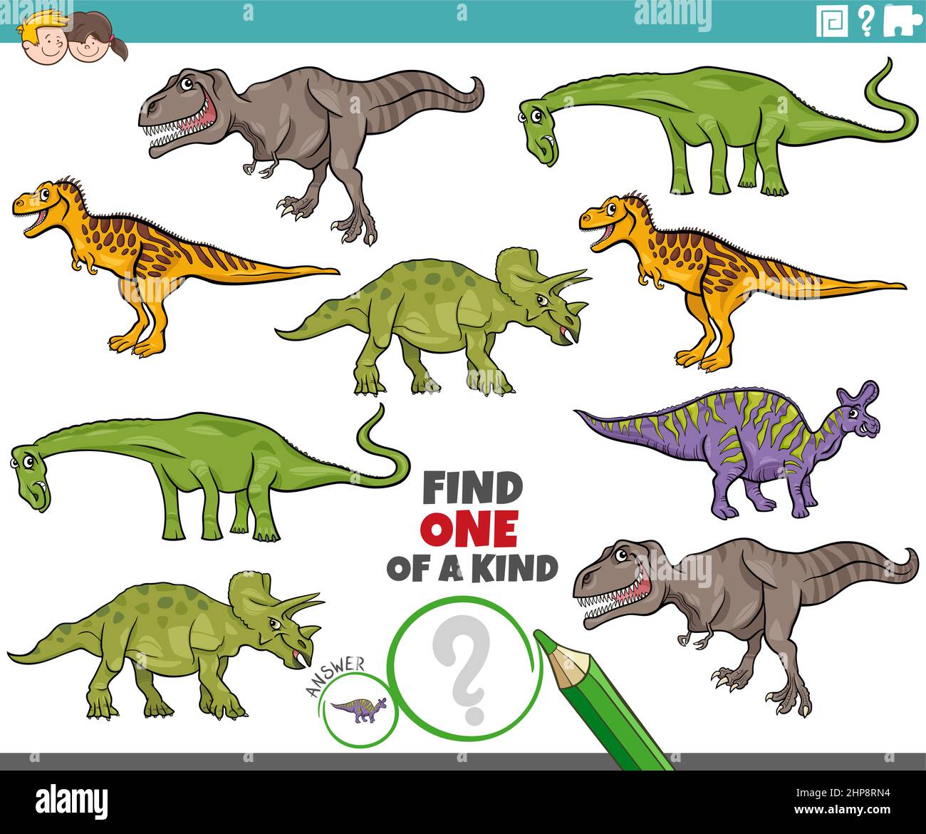un compito del genere con i personaggi dei dinosauri dei cartoni animati Illustrazione Vettoriale