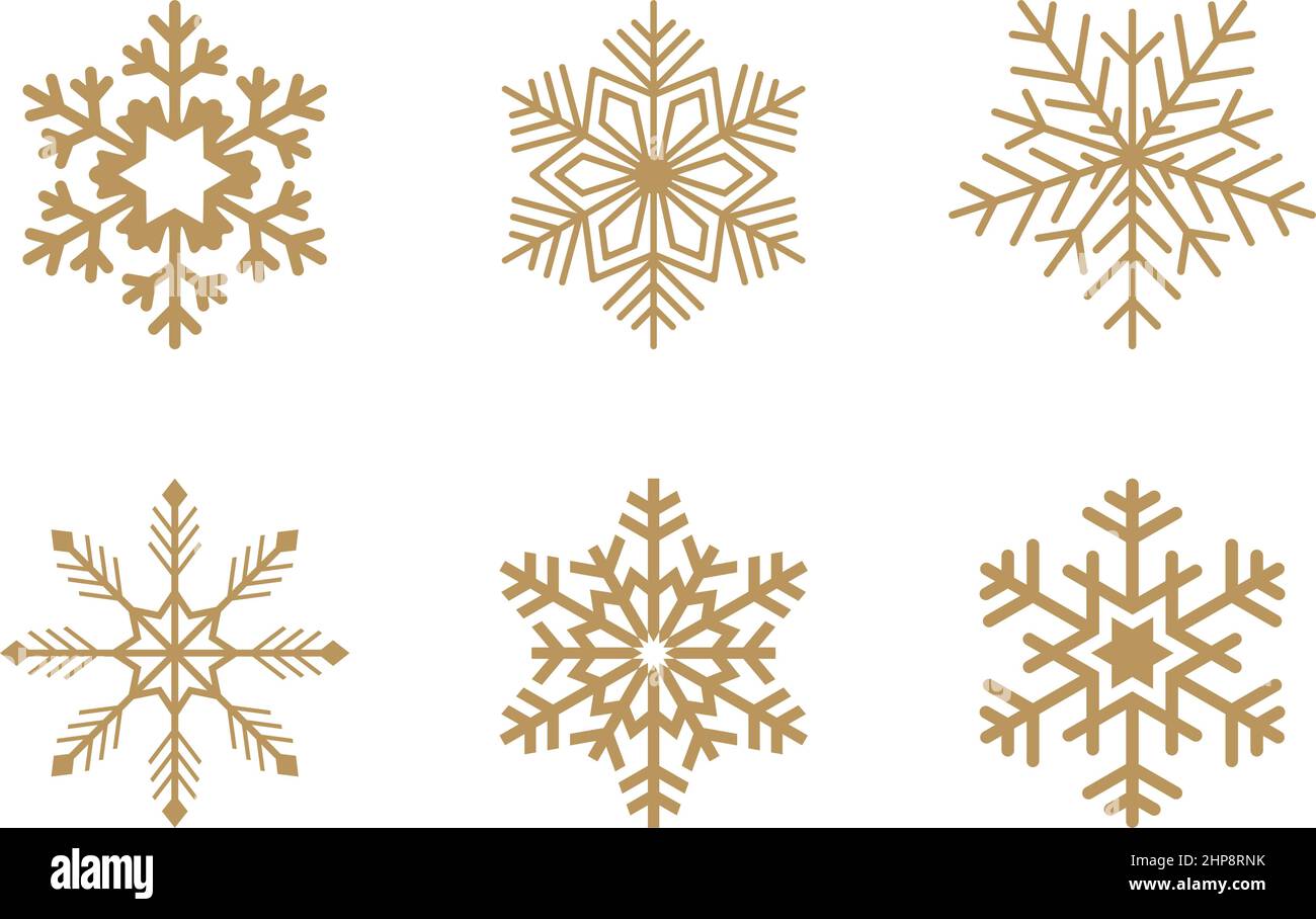 Oro frosty astratto simboli fiocco di neve su sfondo bianco. Illustrazione Vettoriale