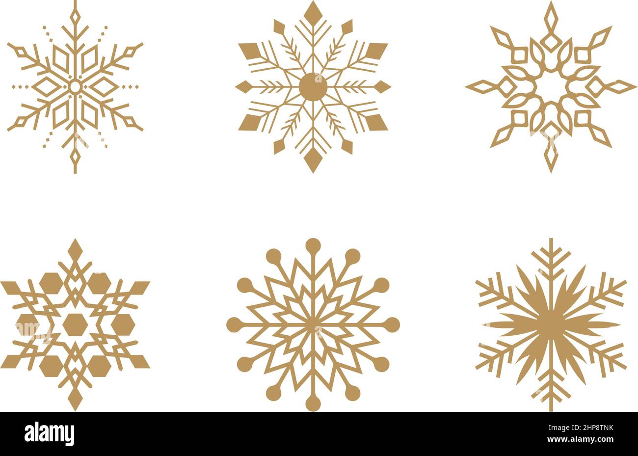 Oro frosty astratto simboli fiocco di neve su sfondo bianco. Illustrazione Vettoriale