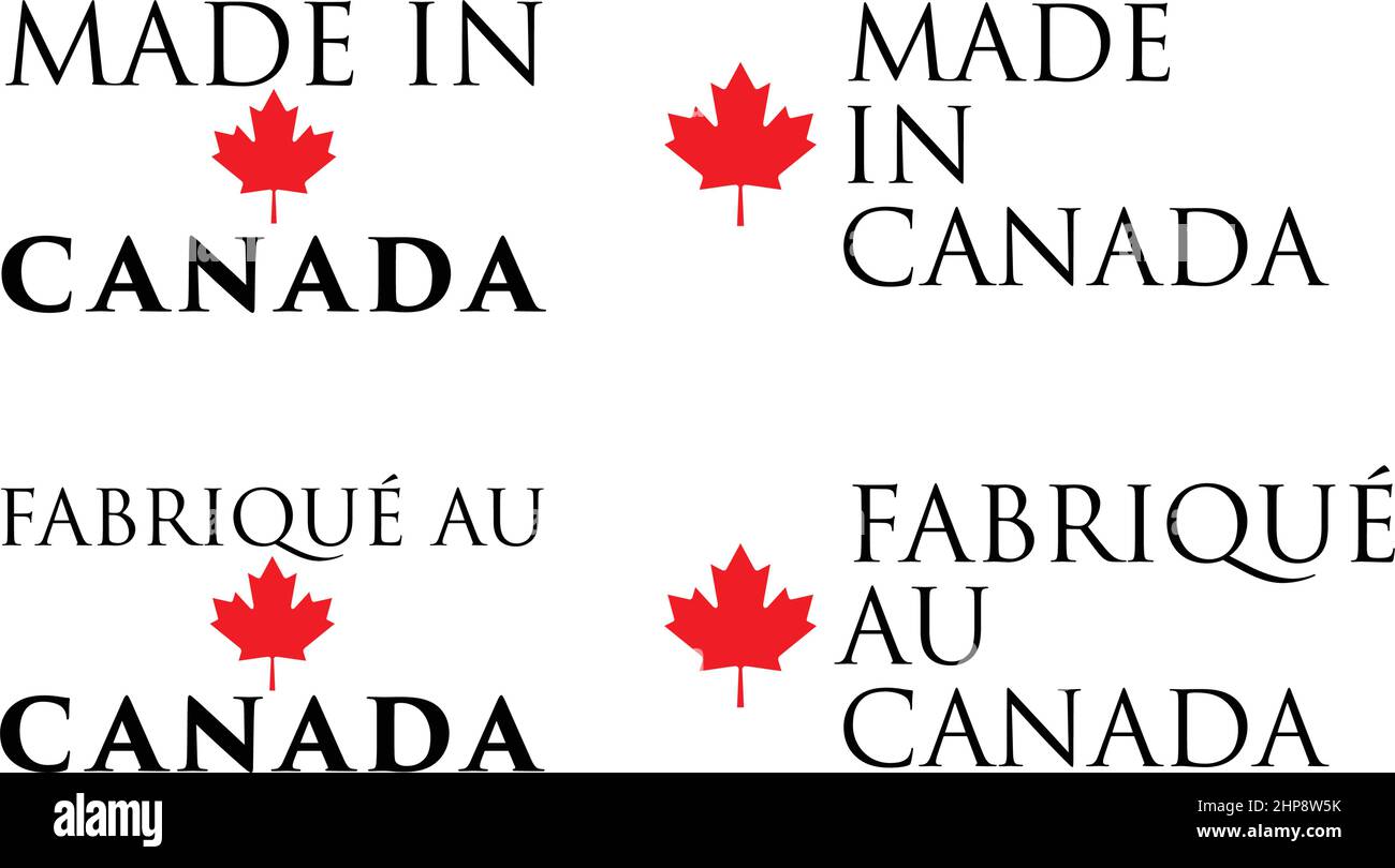 Semplice realizzato in Canada / ("Fabrique au Canada" in francese) etichetta. Testo con red maple leaf disposti orizzontali e verticali. Illustrazione Vettoriale
