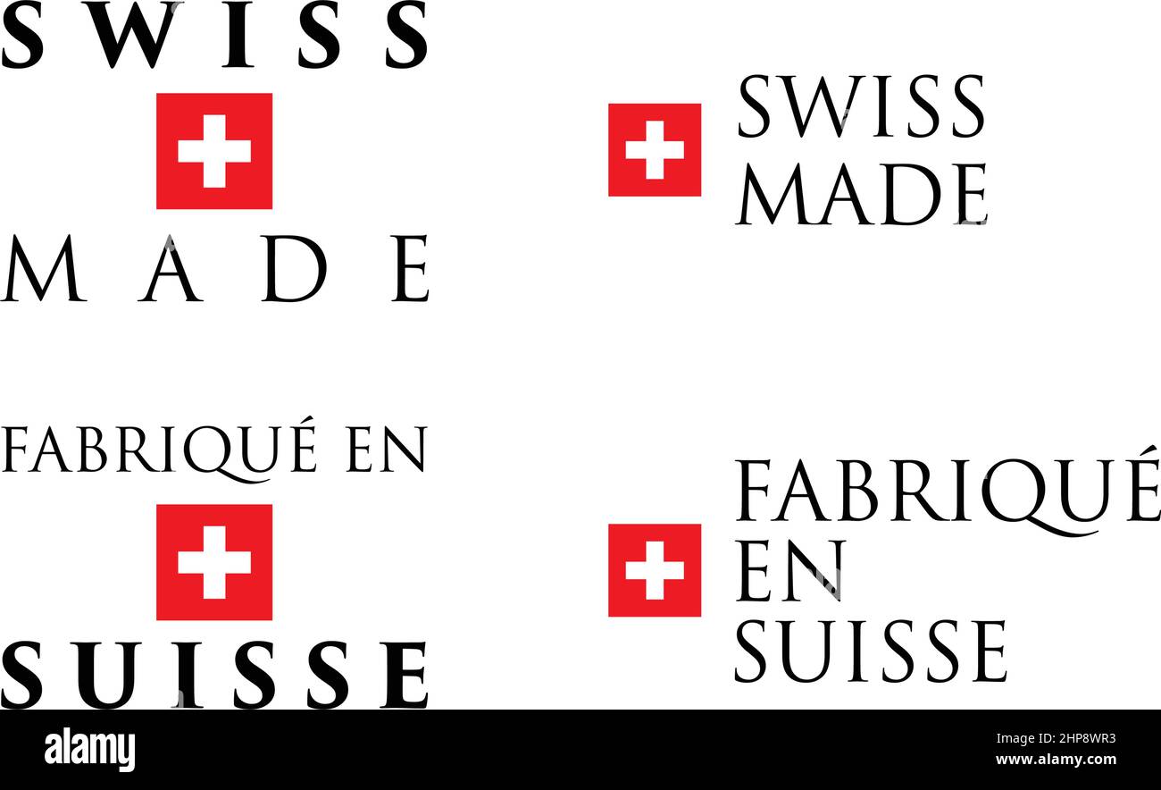 Semplice Swiss Made / Fabrique en Suisse (traduzione francese) etichetta. Il testo con la nazionale elvetica simbolo trasversale disposto orizzontale e verticale. Illustrazione Vettoriale