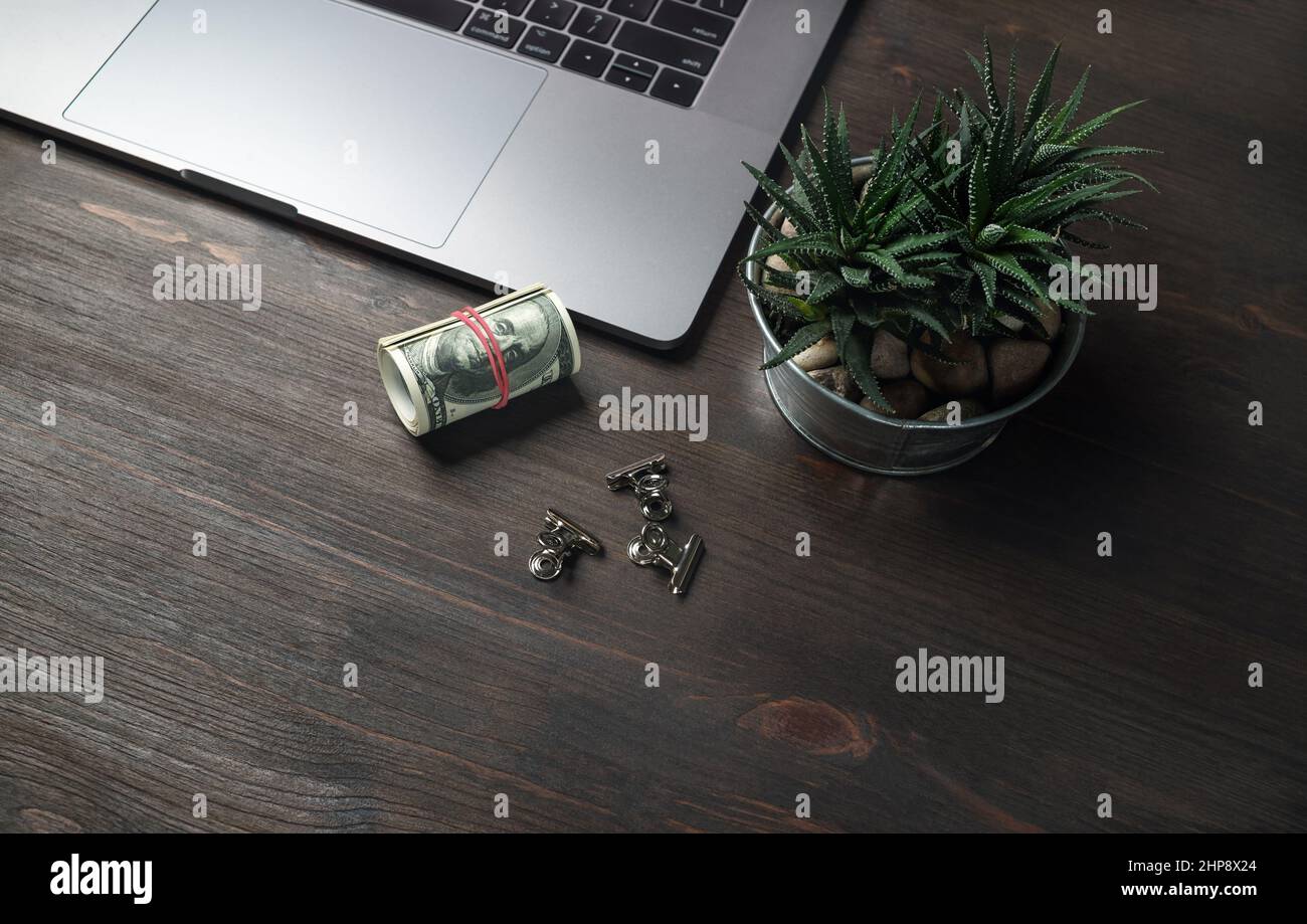 Computer portatile, denaro e succulenta pianta su sfondo di legno. Concetto di shopping su Internet. Foto Stock