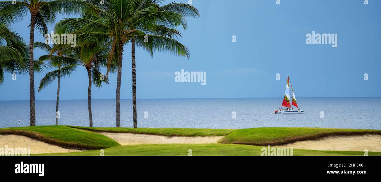 Barca a vela e campo da golf all'Hilton. Hawaii, la Big Island Foto Stock
