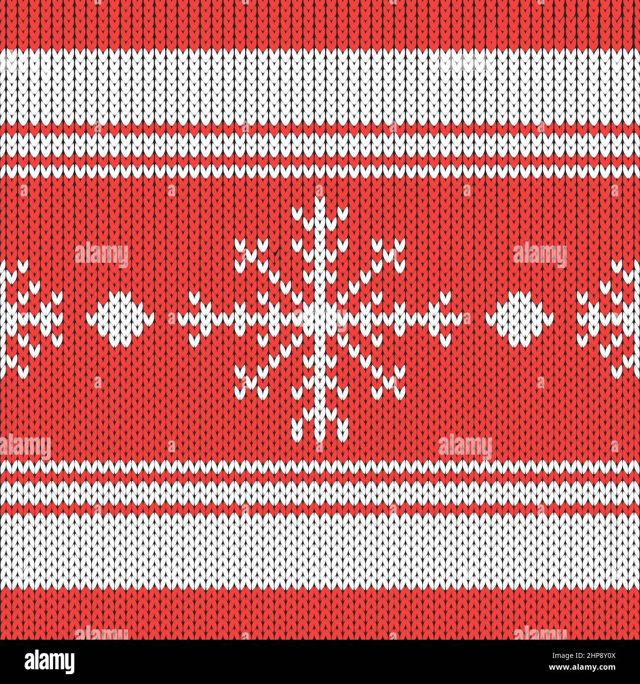 Christmas Knit Print. Bordo in maglia rosso scandinavo. Pullover in lana. Maglione Ugly Holiday Ornament. Crochet festivo. Illustrazione Vettoriale