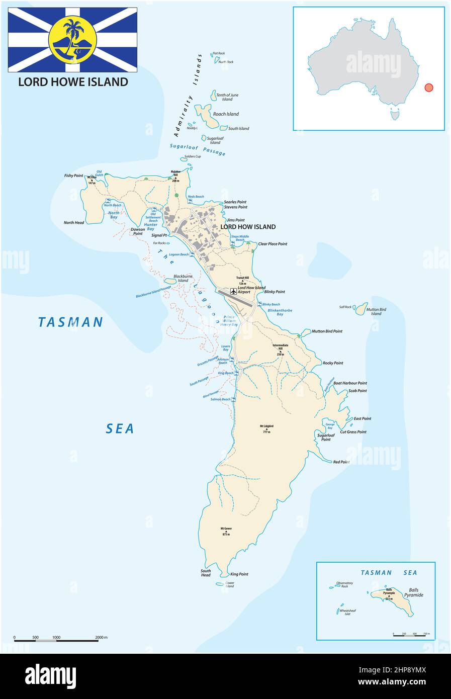 Mappa vettoriale dell'Isola Australiana di Lord Howe nel Mare di Tasman Illustrazione Vettoriale