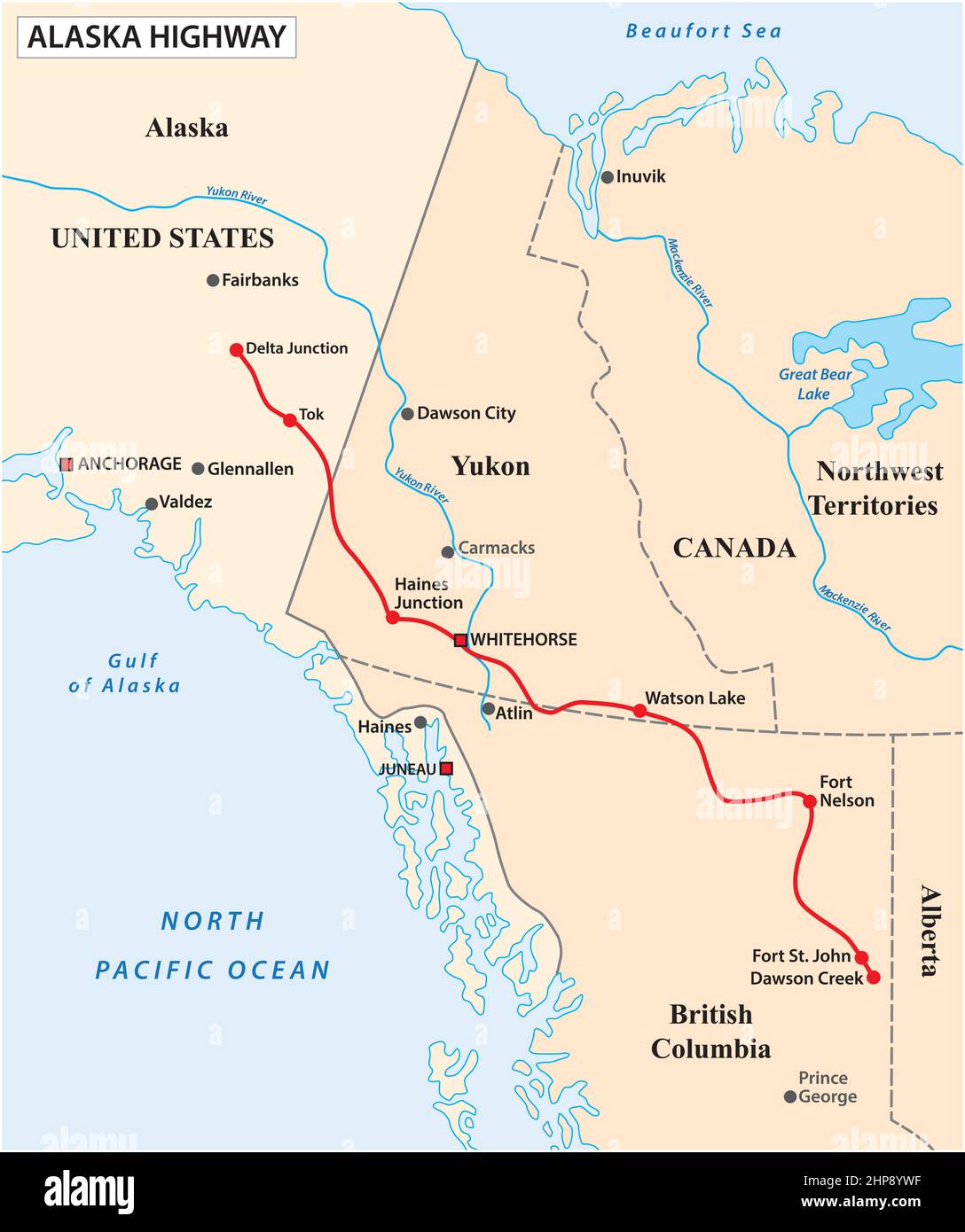 mappa vettoriale dell'autostrada dell'alaska, stati uniti, canada Illustrazione Vettoriale