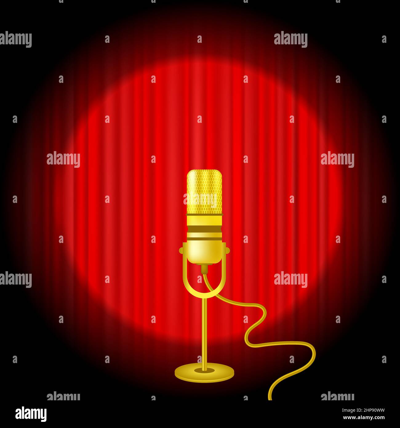 Icona del microfono in oro sullo sfondo della cortina rossa. Illustrazione Vettoriale