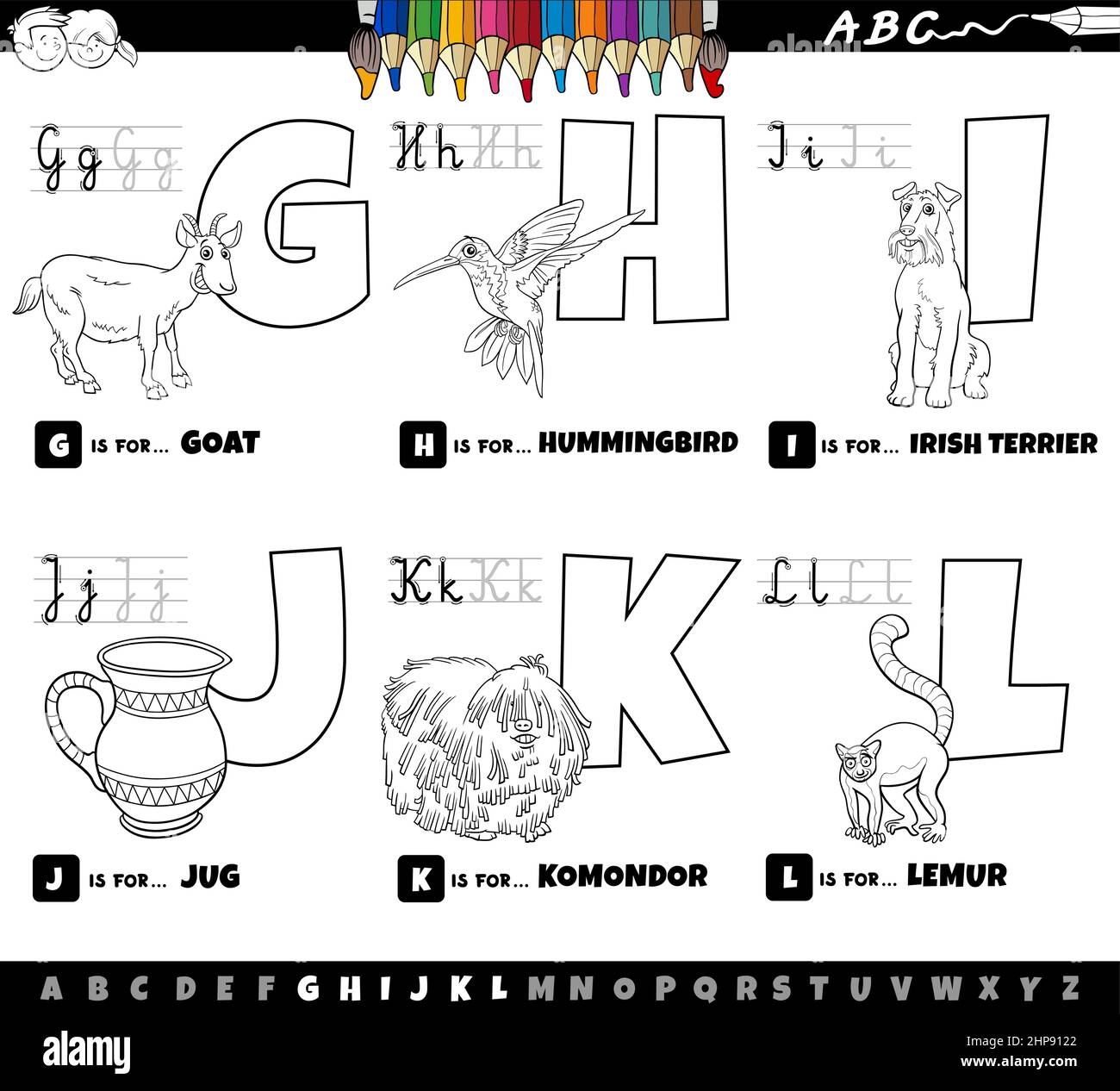 Lettere dell'alfabeto dei cartoni animati didattici impostate da una pagina di libro a colori da G a L. Illustrazione Vettoriale