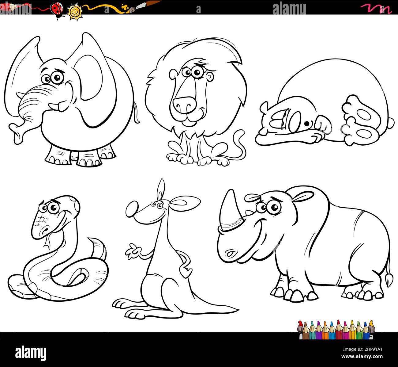 cartoon wild animals personaggi impostare la pagina del libro da colorare Illustrazione Vettoriale