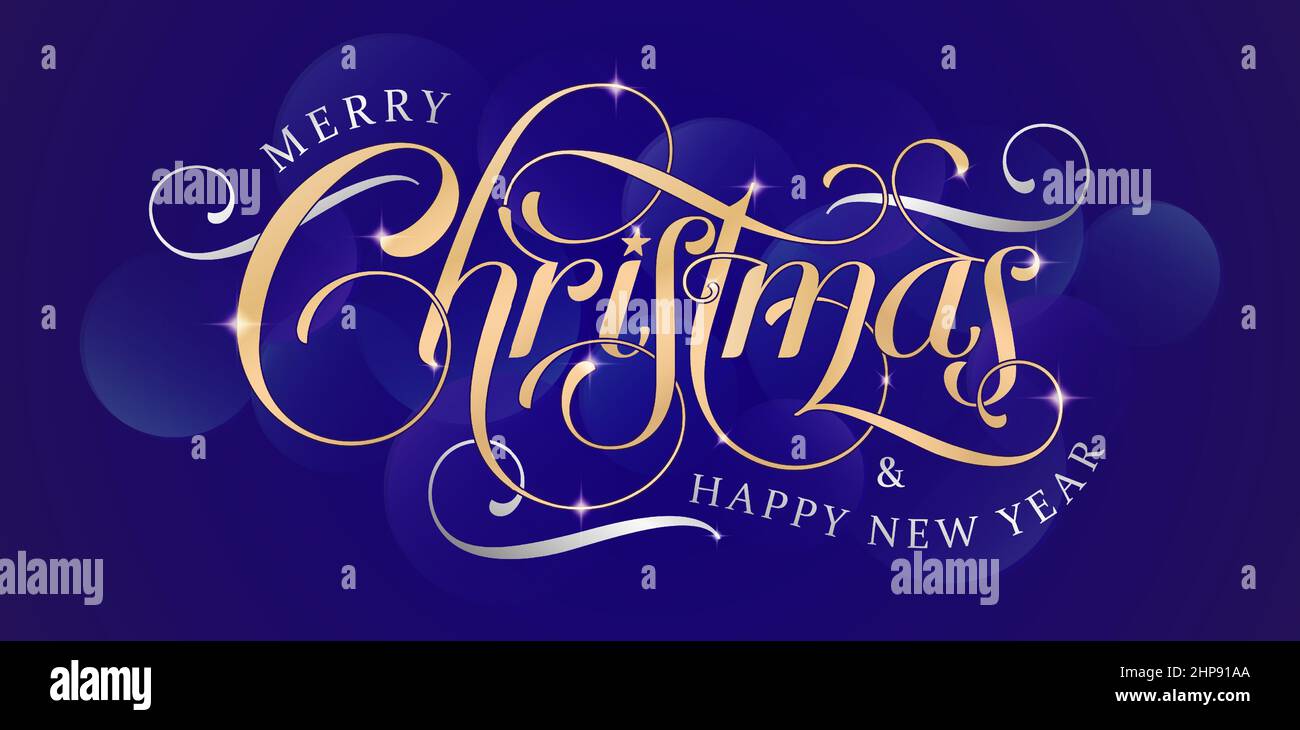 Allegro carattere di scritta di Natale, carattere di script di biglietto di auguri di Natale con sfondo blu, buon Natale e felice anno nuovo colore argento e oro con sfondo blu per banner, volantino e stampa. Illustrazione Vettoriale