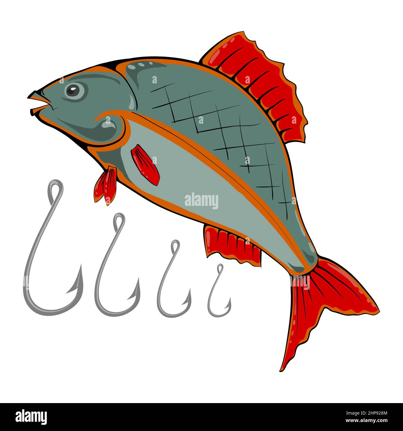 Logo di pesce e uncino isolato su sfondo bianco. Illustrazione Vettoriale