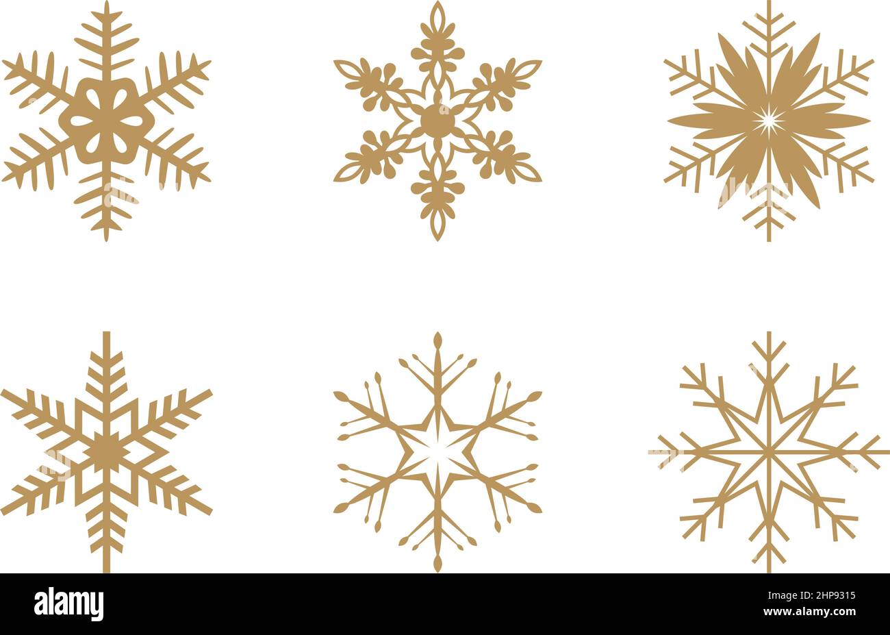 Oro frosty astratto simboli fiocco di neve su sfondo bianco. Illustrazione Vettoriale